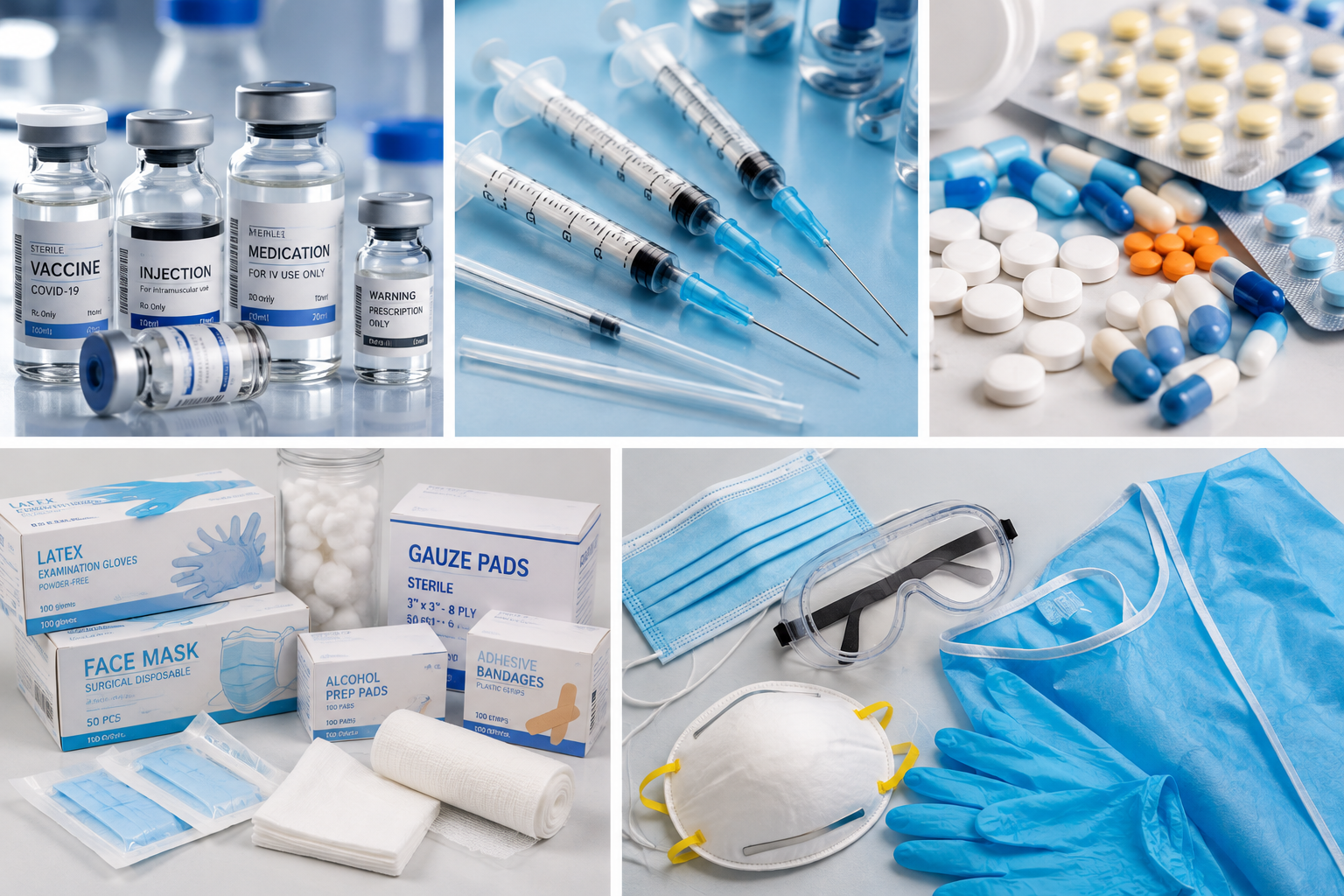 Medical products including vials, syringes, tablets and protective equipment